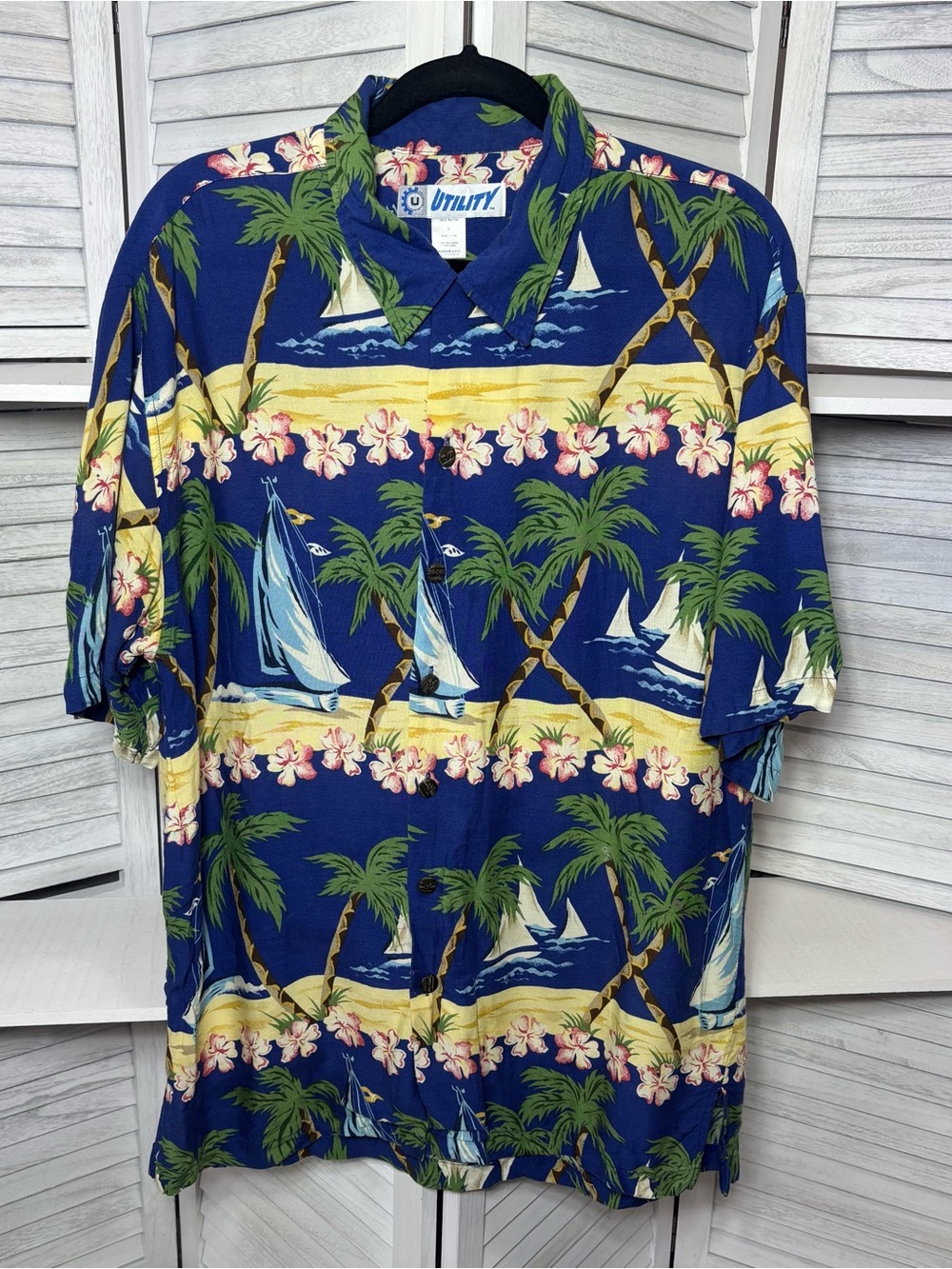 Vintage Utility Tropical Sailboat Hawaiian Shirt Blue Large Flawed